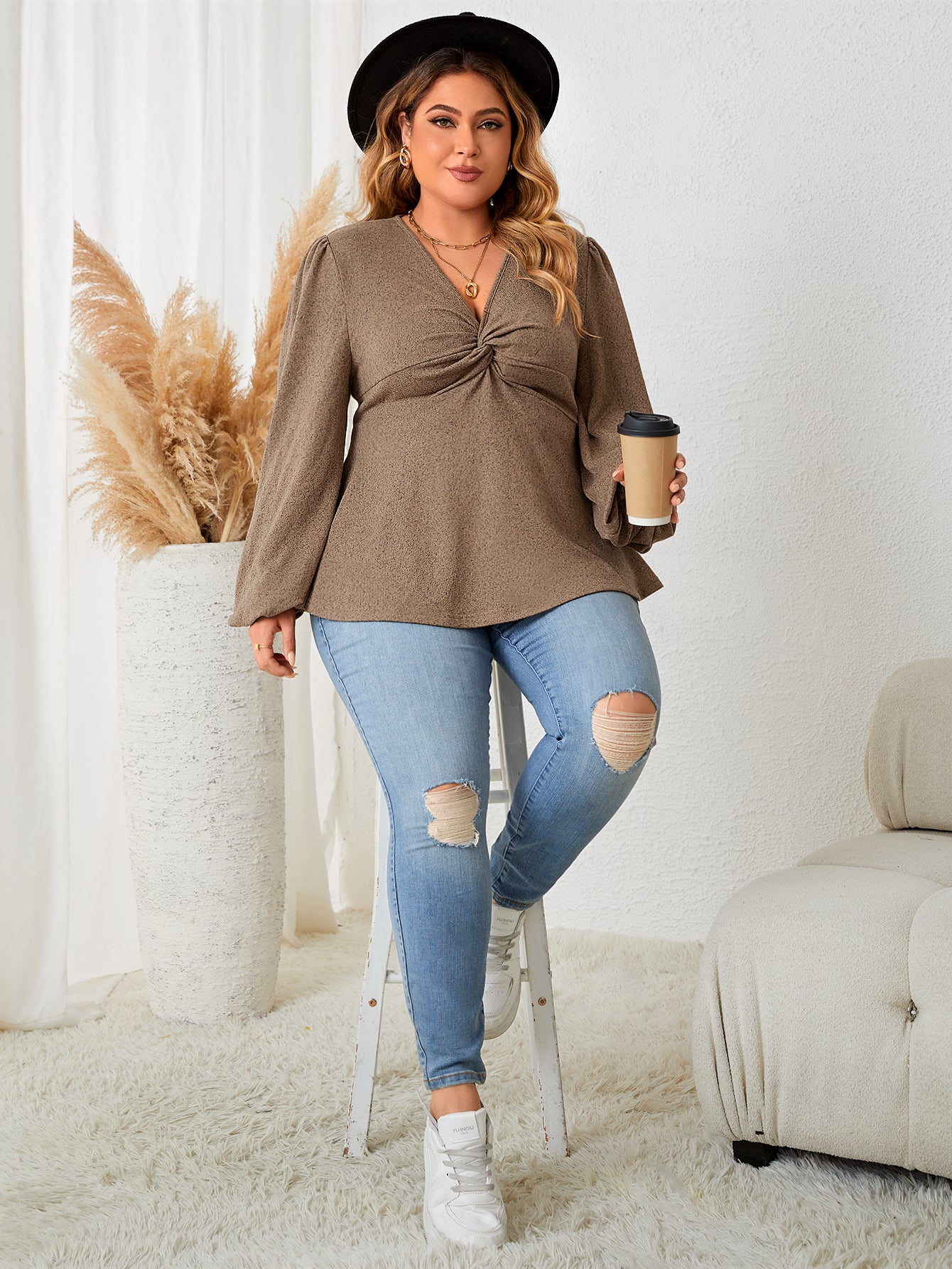 Fashion A Line Women Plus Size Clothing Blouse Sexy V-Neck Solid Color Long Sleeve T-Shirt Lady Elegant Spring Autumn Tops