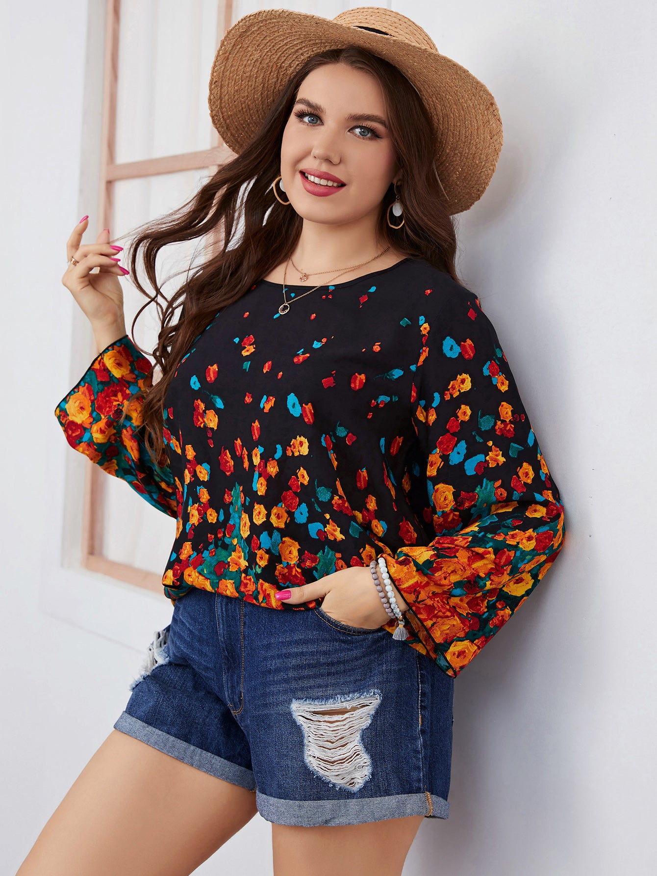 Plus Size Women Clothing Blouses Fashion Casual Loose Long Sleeve Floral Print Chiffon Tops Elegant Big Size Blouse