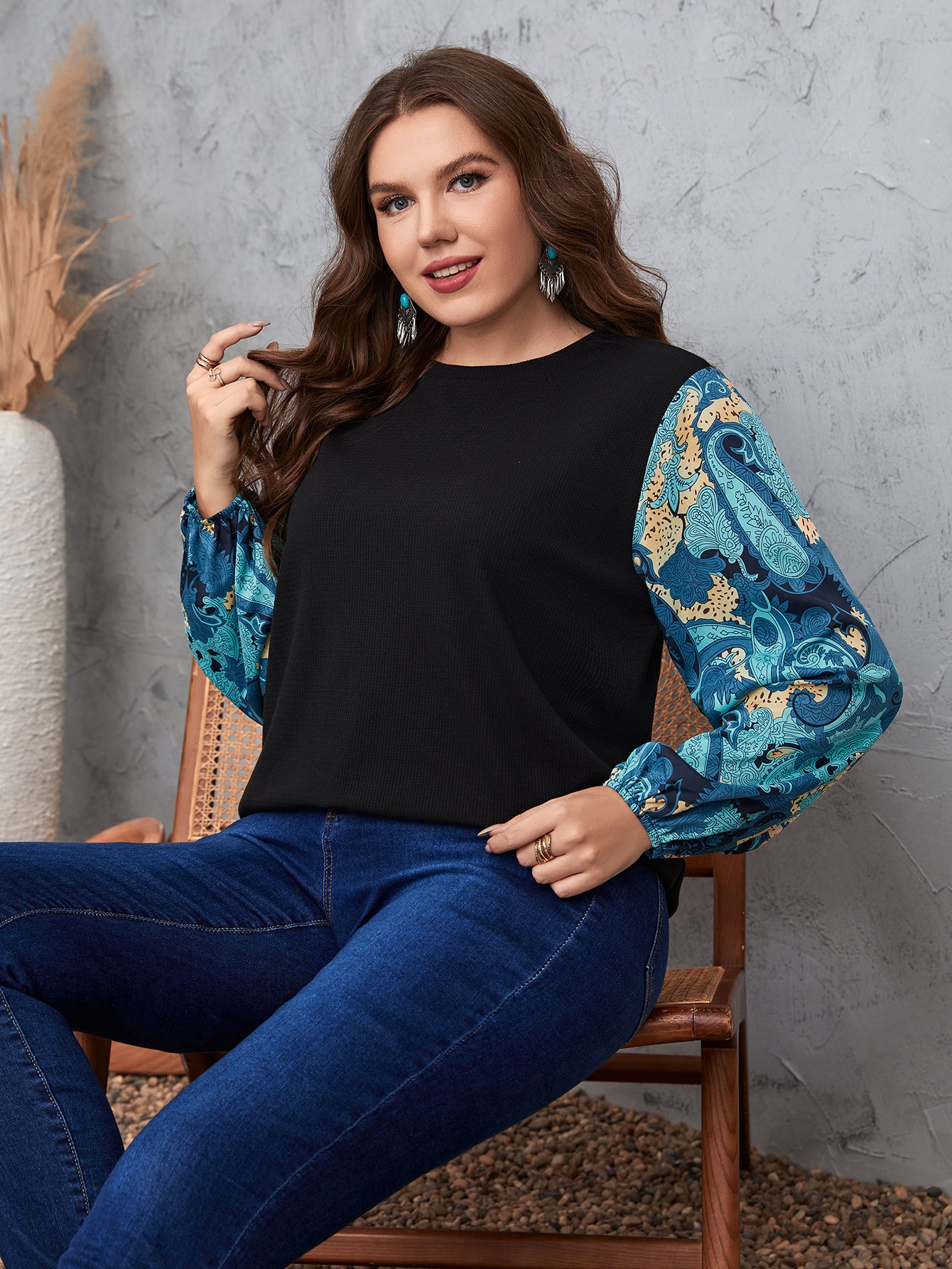 Plus Size Lantern Sleeve Blouses Tee Paisley Print Textured Tops 2022 New Spring Autumn Elegant Women's Clothing