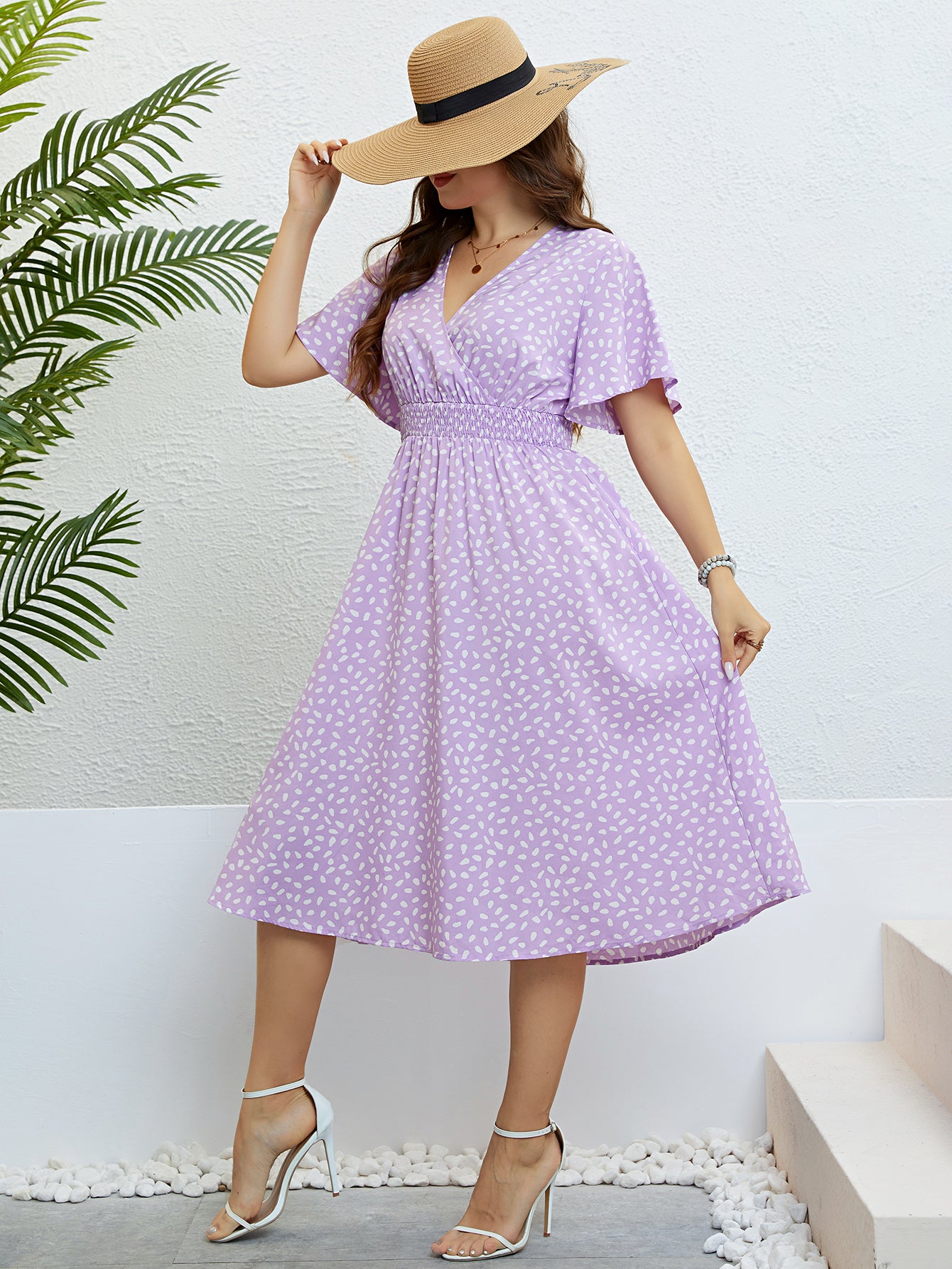 Fashion Butterfly Sleeve Print Long Dress Plus Size Women Summer Vacation Elastic Waist Casual Party Sweet Midi A-Line Dresses