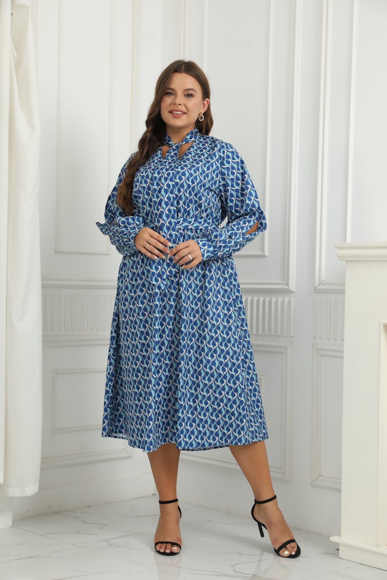 New Arrival Women Printed Side Slit Full Sleeve Polyester Plus Size Long Dress Casual Blue Elegant Midi Dresses Women's Clothing