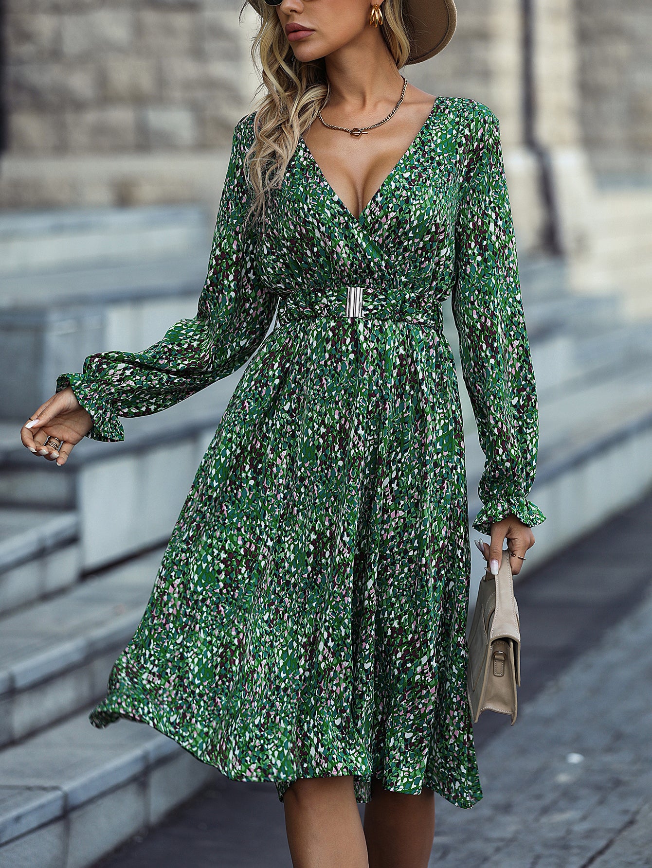 Fashion Women V-Neck Long Sleeve Maxi Dress Casual A-Line Belt Elegant Party Outing Autumn Winter Urban Floral Print Midi Dress