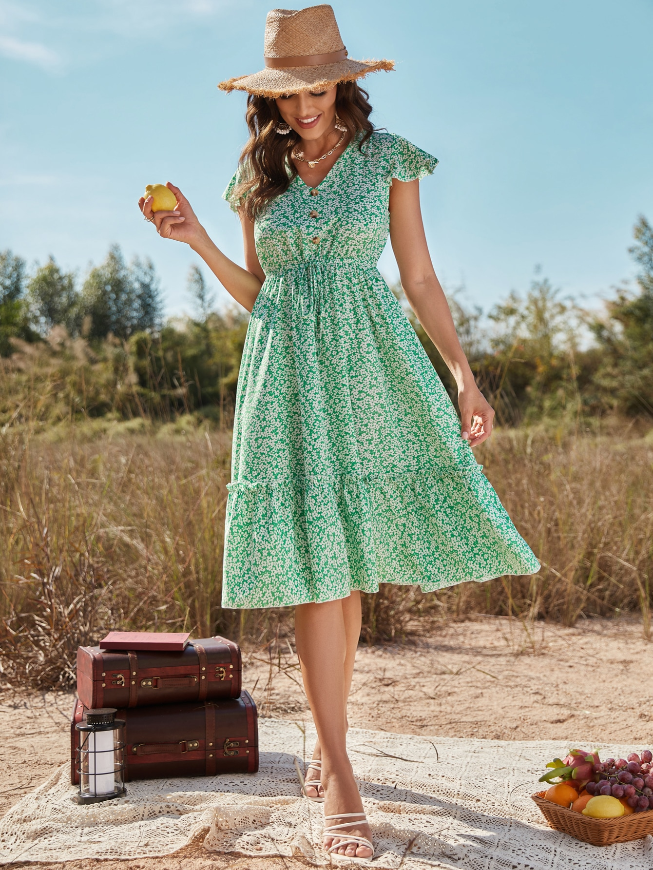 Summer Beach Long Dress Women's Clothing V-neck Floral Print Ruffle Sleeve Holiday Elegant Green Boho Party Midi Dresses