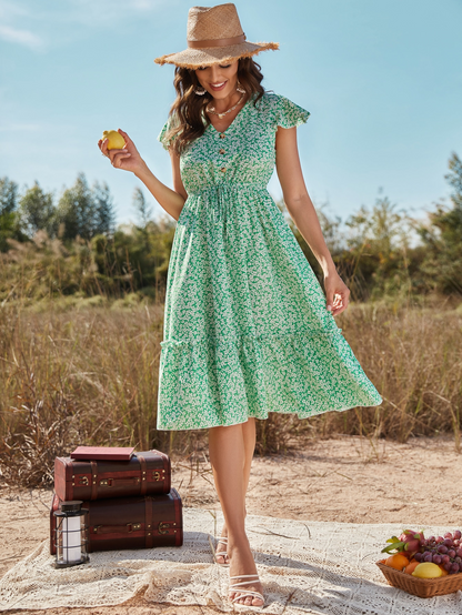 Summer Beach Long Dress Women's Clothing V-neck Floral Print Ruffle Sleeve Holiday Elegant Green Boho Party Midi Dresses