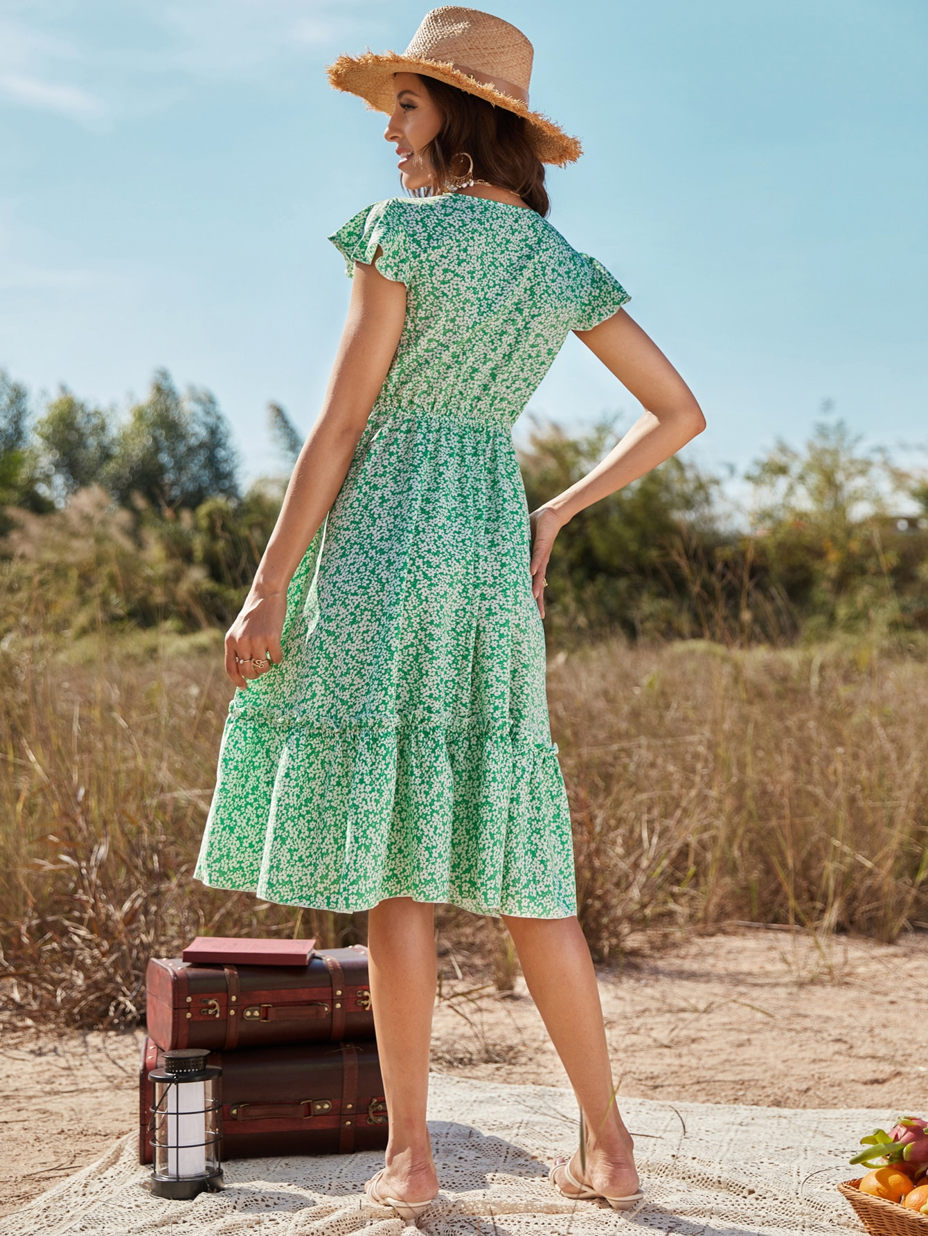 Summer Beach Long Dress Women's Clothing V-neck Floral Print Ruffle Sleeve Holiday Elegant Green Boho Party Midi Dresses
