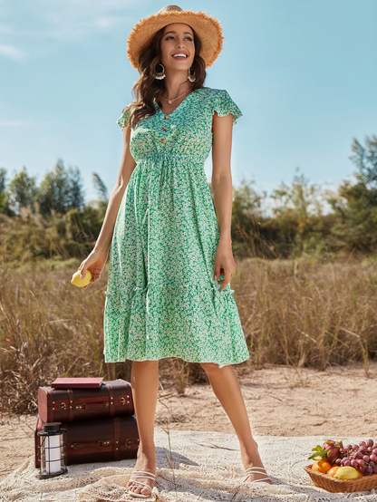 Summer Beach Long Dress Women's Clothing V-neck Floral Print Ruffle Sleeve Holiday Elegant Green Boho Party Midi Dresses