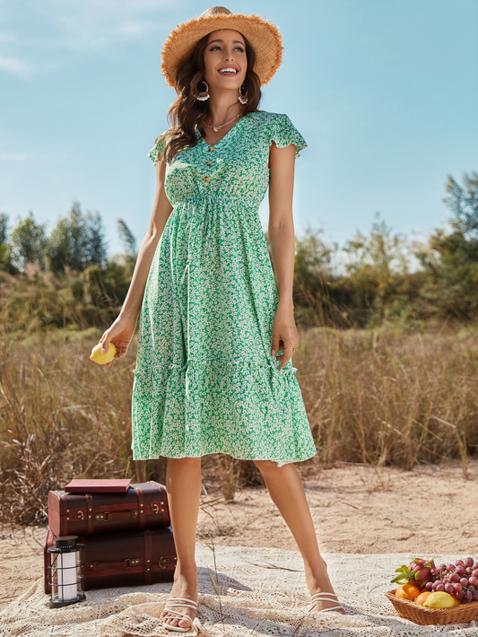 Summer Beach Long Dress Women's Clothing V-neck Floral Print Ruffle Sleeve Holiday Elegant Green Boho Party Midi Dresses