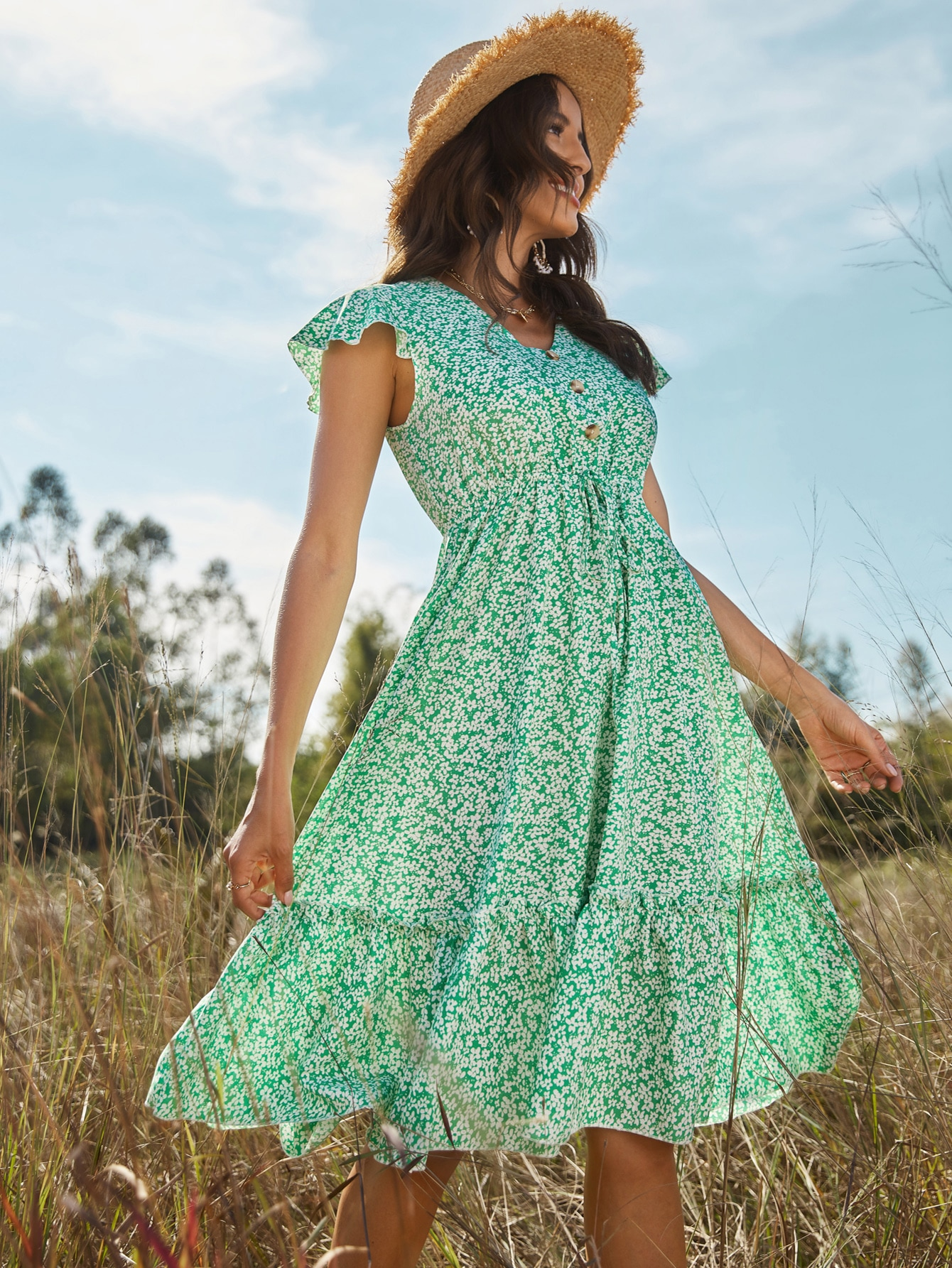 Summer Beach Long Dress Women's Clothing V-neck Floral Print Ruffle Sleeve Holiday Elegant Green Boho Party Midi Dresses