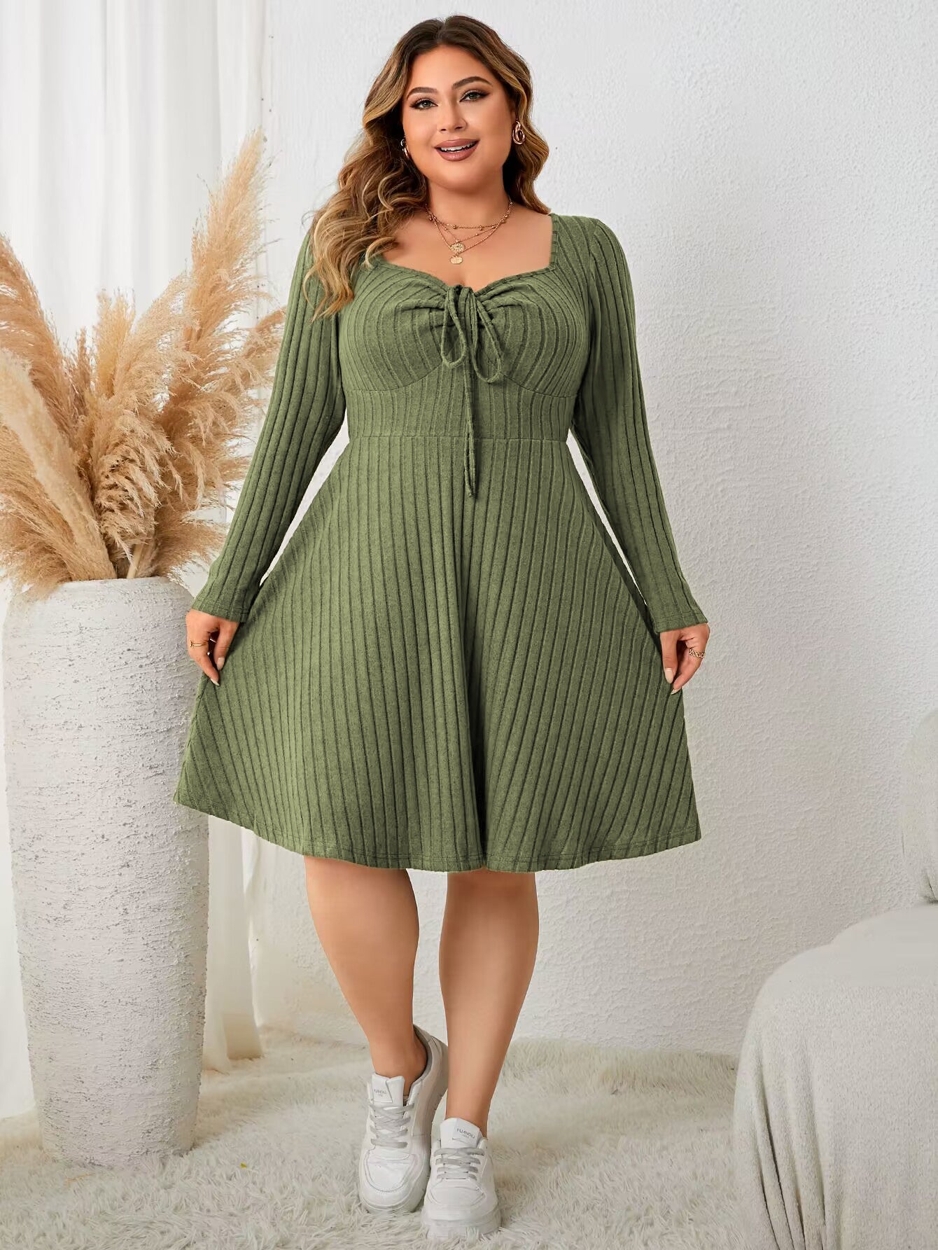 Fashion Plus Size Clothing Dresses for Women 2023 Casual Long Sleeve Green Elegant Party Vacation Large Size Short Female Dress