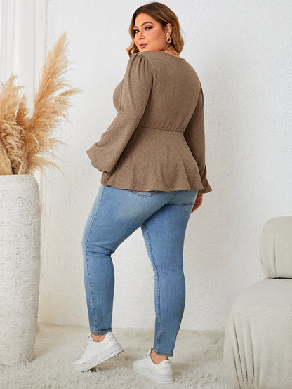 Fashion A Line Women Plus Size Clothing Blouse Sexy V-Neck Solid Color Long Sleeve T-Shirt Lady Elegant Spring Autumn Tops