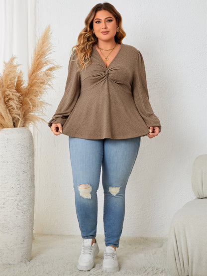 Fashion A Line Women Plus Size Clothing Blouse Sexy V-Neck Solid Color Long Sleeve T-Shirt Lady Elegant Spring Autumn Tops