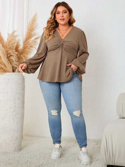 Fashion A Line Women Plus Size Clothing Blouse Sexy V-Neck Solid Color Long Sleeve T-Shirt Lady Elegant Spring Autumn Tops