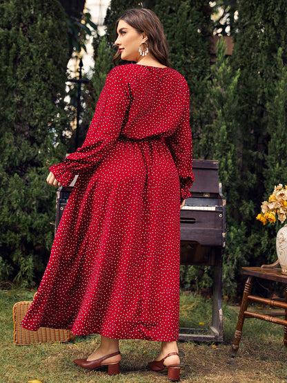 3XL 4XL Plus Size Women Clothing Elegant Long Sleeves Polka Point Female Maxi Dress Casual Travel Vacation Chiffon Dress