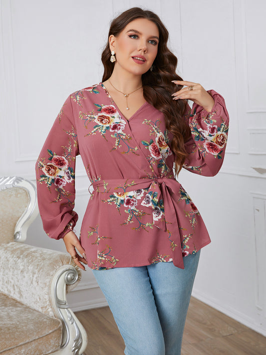 Sexy V Neck Floral Print Slim Plus Size Blouse Casual Women Clothing Fashion Long Sleeve Chiffon Ladies Tops 3XL 4XL
