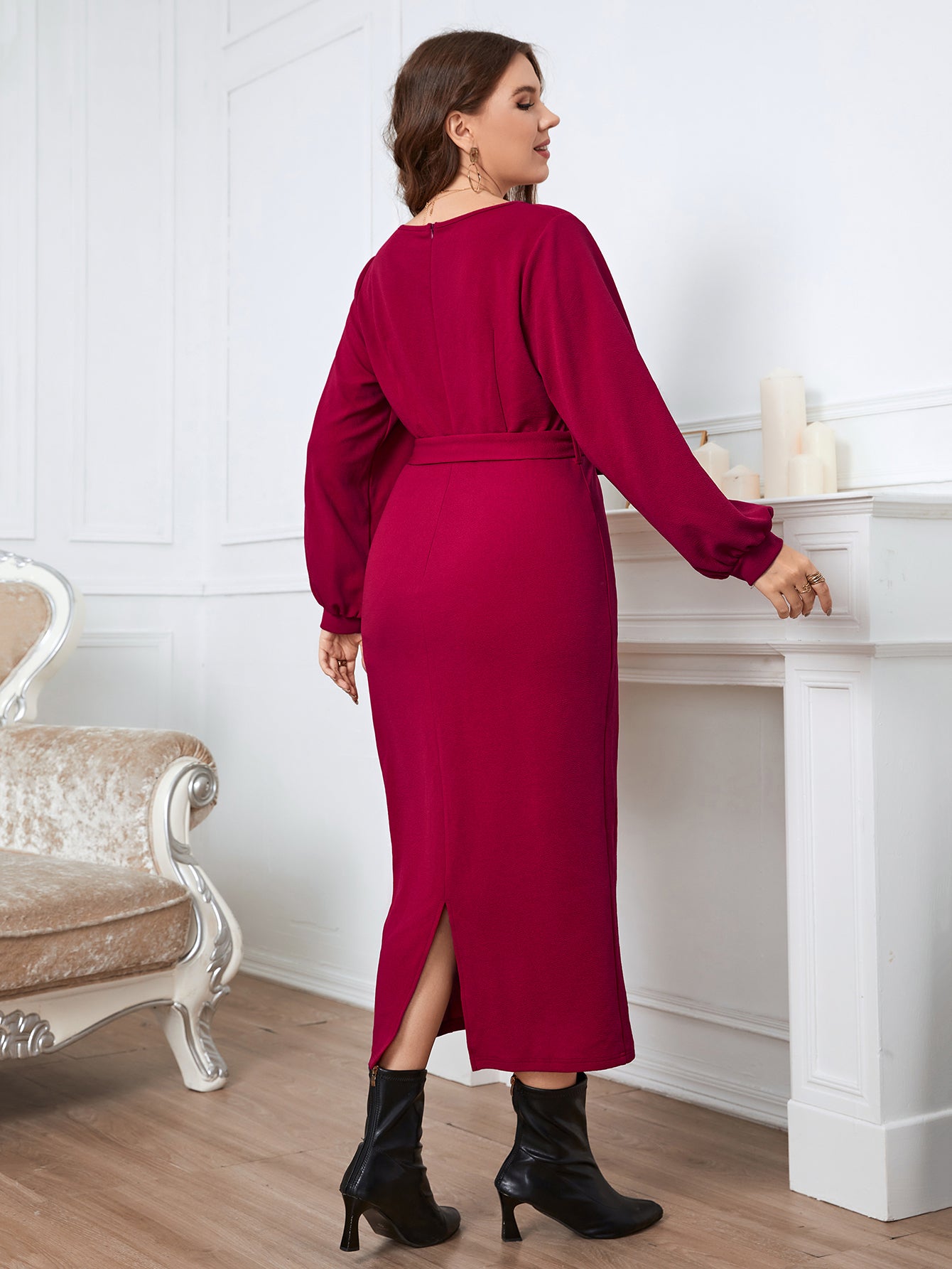 Fashion Plus Size Women Clothing Autumn Winter Casual Dress Red Sexy Deep V Long Sleeves Elegant Party Bodycon Pencil Dresses