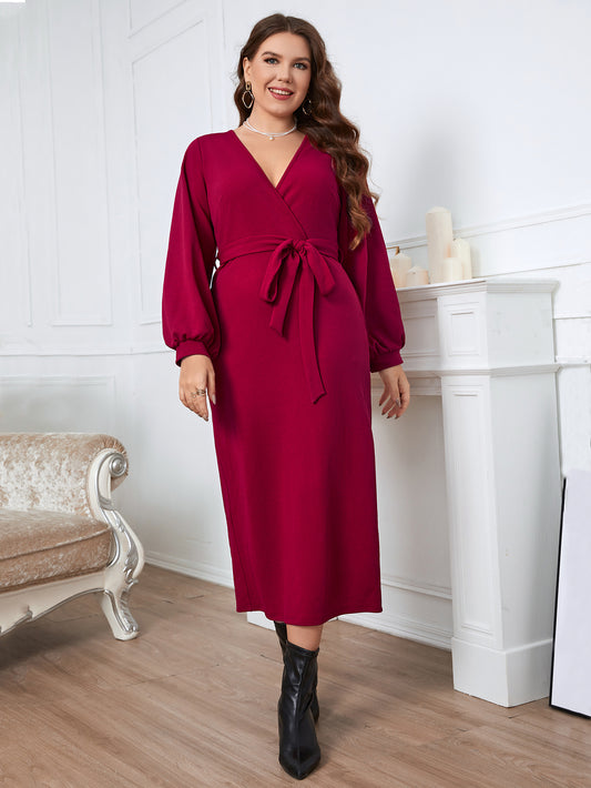 Fashion Plus Size Women Clothing Autumn Winter Casual Dress Red Sexy Deep V Long Sleeves Elegant Party Bodycon Pencil Dresses