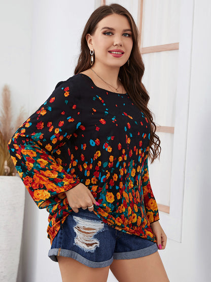 Plus Size Women Clothing Blouses Fashion Casual Loose Long Sleeve Floral Print Chiffon Tops Elegant Big Size Blouse