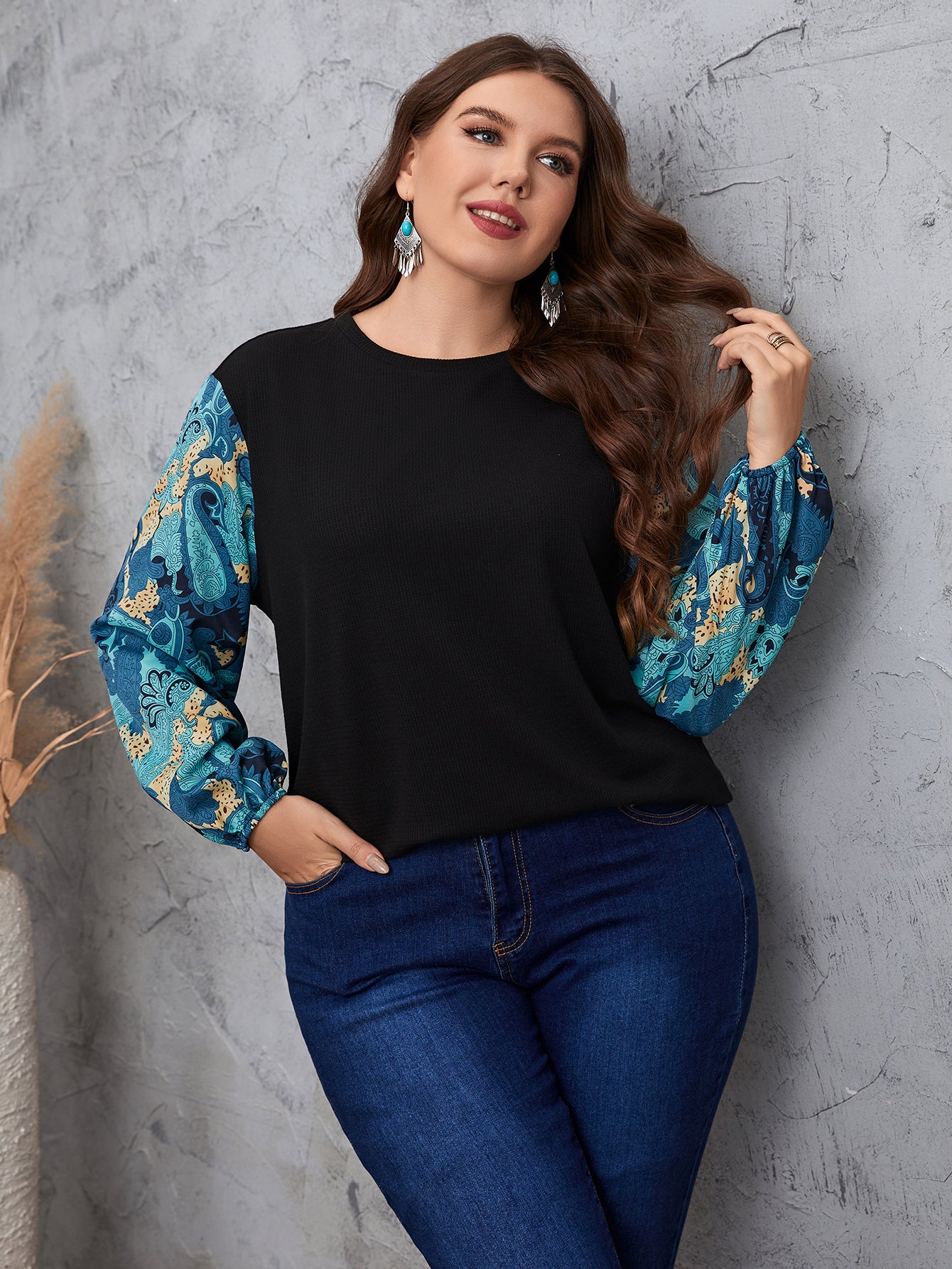 Plus Size Lantern Sleeve Blouses Tee Paisley Print Textured Tops 2022 New Spring Autumn Elegant Women's Clothing