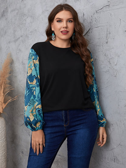 Plus Size Lantern Sleeve Blouses Tee Paisley Print Textured Tops 2022 New Spring Autumn Elegant Women's Clothing