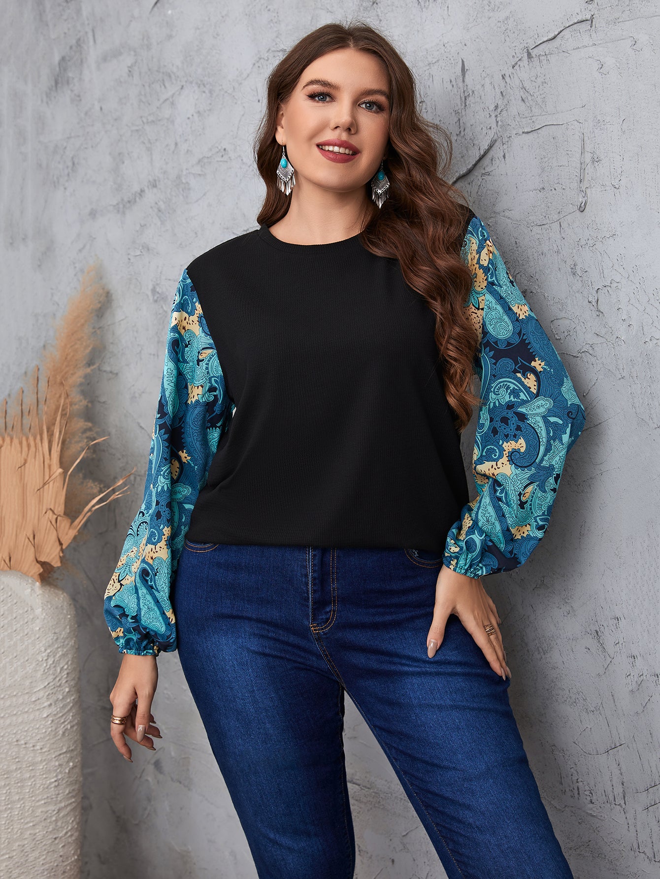 Plus Size Lantern Sleeve Blouses Tee Paisley Print Textured Tops 2022 New Spring Autumn Elegant Women's Clothing