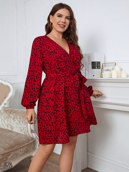 Plus Size Women Clothing Elegant Red Mini Dresses Autumn Winter V-Neck Casual Party Chic Speckled Floral Print Big Size Dress