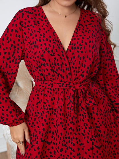 Plus Size Women Clothing Elegant Red Mini Dresses Autumn Winter V-Neck Casual Party Chic Speckled Floral Print Big Size Dress