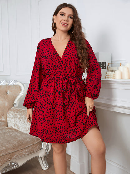 Plus Size Women Clothing Elegant Red Mini Dresses Autumn Winter V-Neck Casual Party Chic Speckled Floral Print Big Size Dress