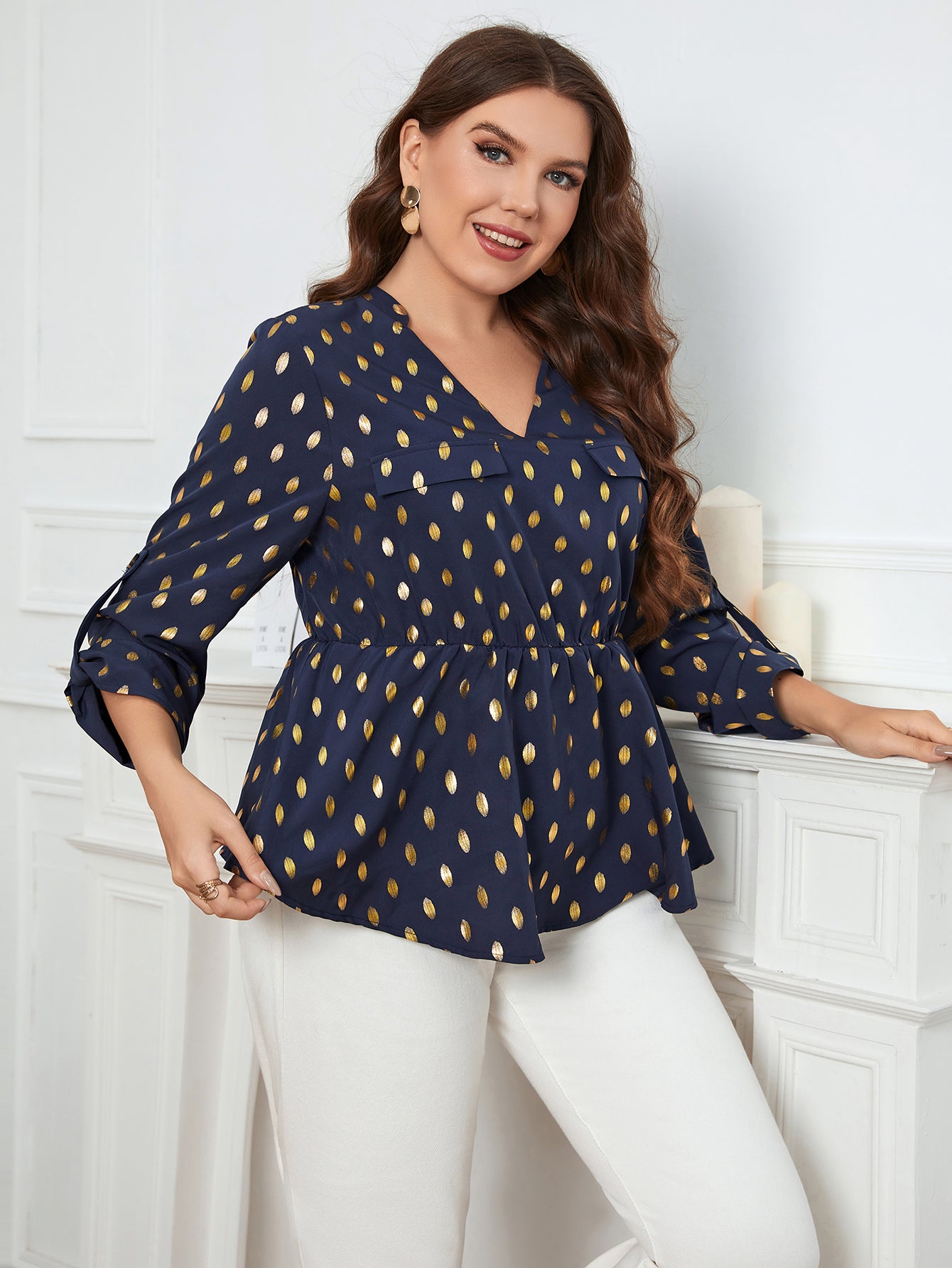 Plus Size Women Clothing Vintage Polka Dot Printed Classic Blouses Fashion V Neck Chiffon Party Casual Big Size Tops