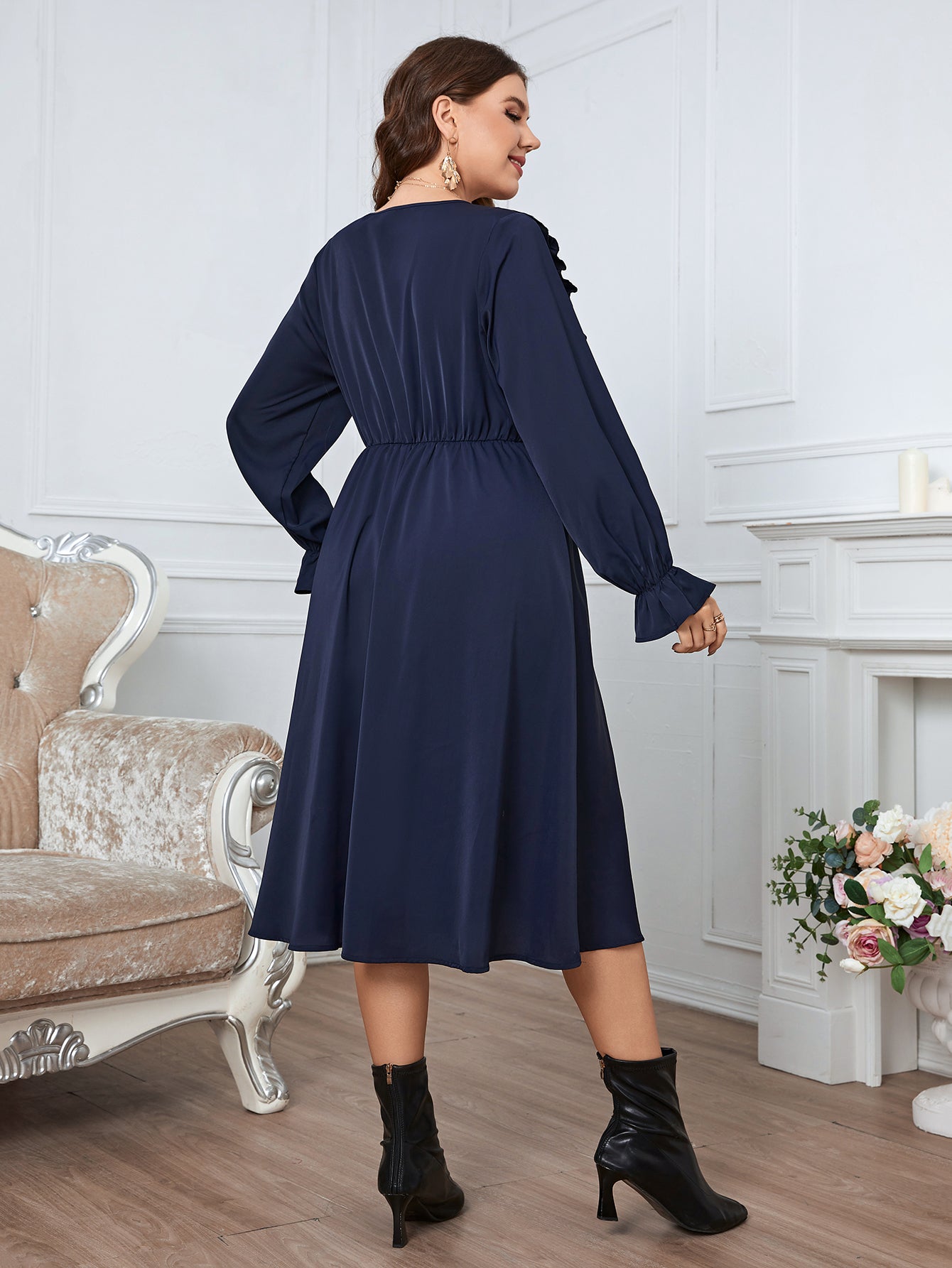 Plus Size Women Clothing Solid Color Midi Dress Fashion Casual Puff Long Sleeve Big Size Lady Party Dresses 3XL 4XL