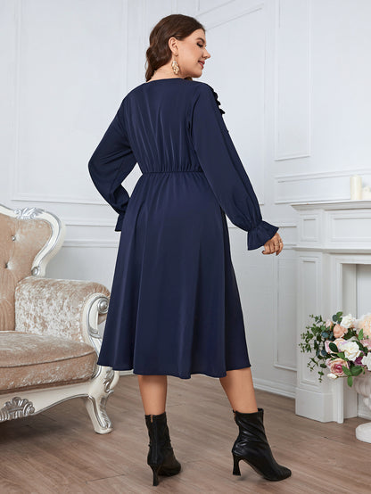 Plus Size Women Clothing Solid Color Midi Dress Fashion Casual Puff Long Sleeve Big Size Lady Party Dresses 3XL 4XL