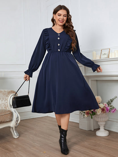 Plus Size Women Clothing Solid Color Midi Dress Fashion Casual Puff Long Sleeve Big Size Lady Party Dresses 3XL 4XL