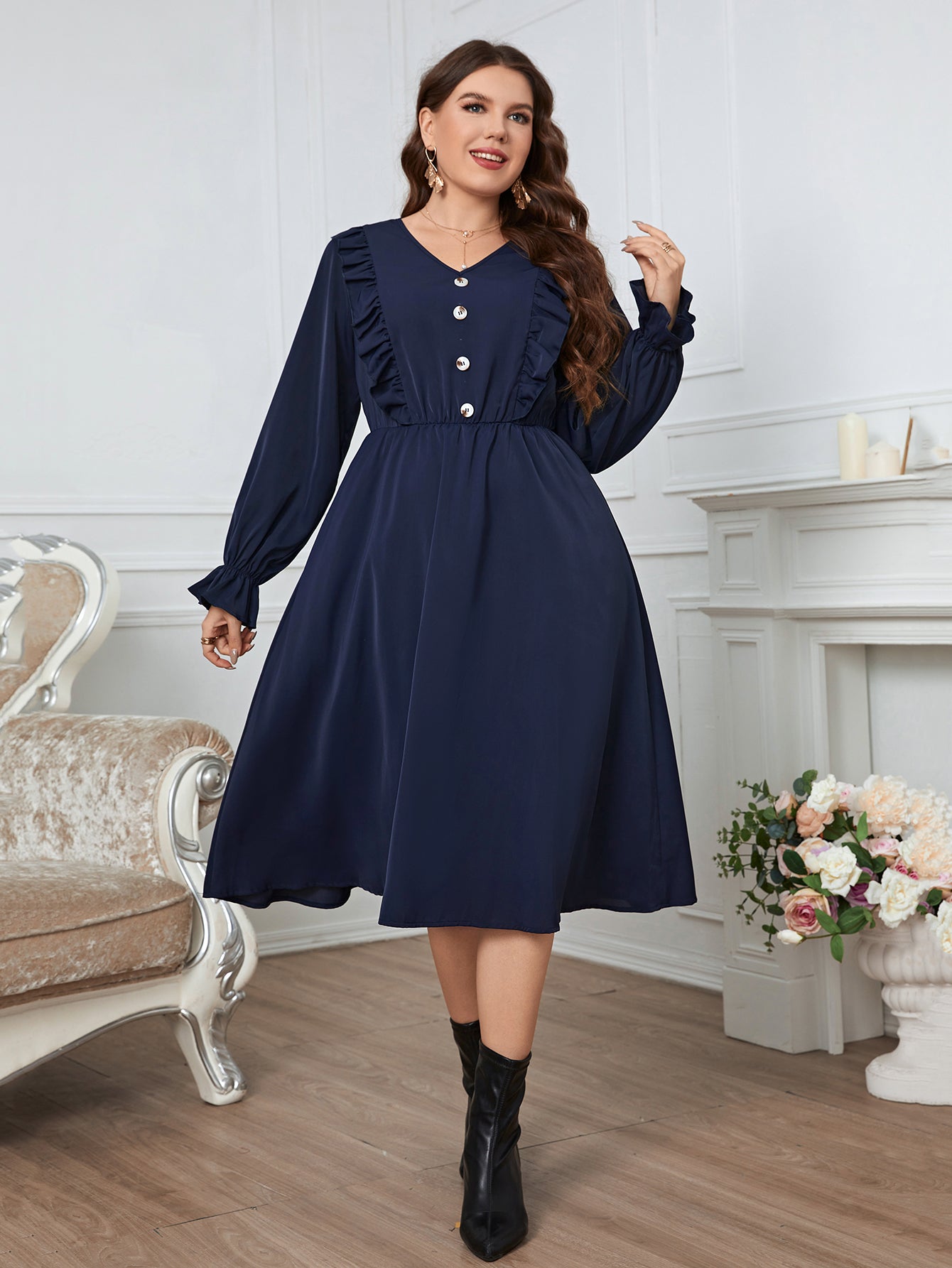 Plus Size Women Clothing Solid Color Midi Dress Fashion Casual Puff Long Sleeve Big Size Lady Party Dresses 3XL 4XL
