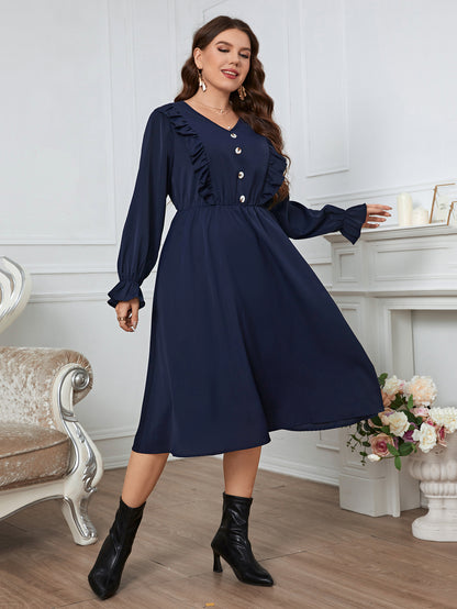 Plus Size Women Clothing Solid Color Midi Dress Fashion Casual Puff Long Sleeve Big Size Lady Party Dresses 3XL 4XL