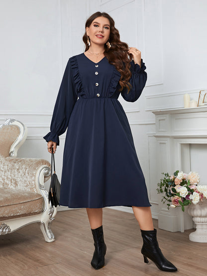 Plus Size Women Clothing Solid Color Midi Dress Fashion Casual Puff Long Sleeve Big Size Lady Party Dresses 3XL 4XL