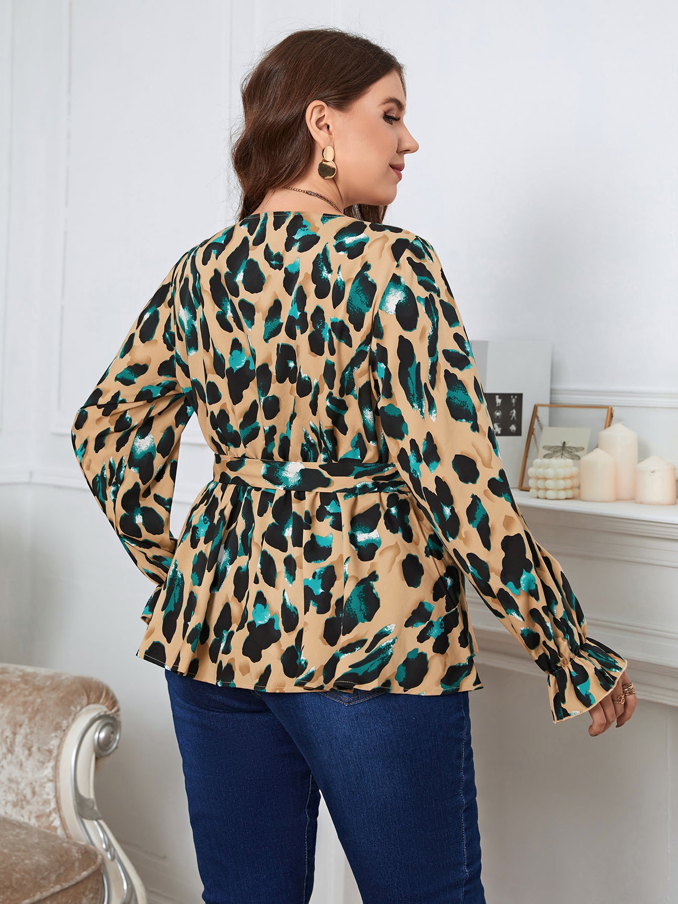 3XL 4XL Plus Size Women Elegant Blouse Sexy V-Neck Leopard Print Tunic Shirt Belted Office Fashion Top Big Size Blouse