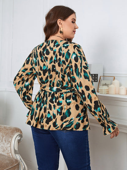 3XL 4XL Plus Size Women Elegant Blouse Sexy V-Neck Leopard Print Tunic Shirt Belted Office Fashion Top Big Size Blouse