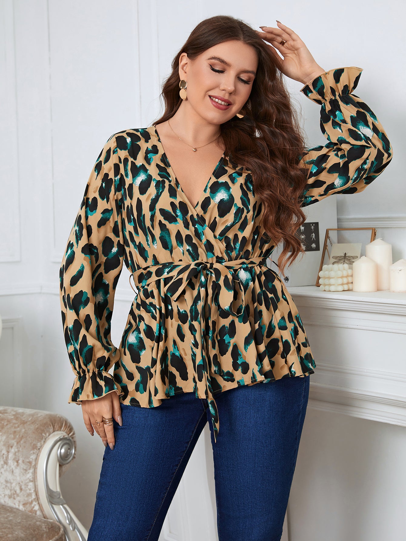3XL 4XL Plus Size Women Elegant Blouse Sexy V-Neck Leopard Print Tunic Shirt Belted Office Fashion Top Big Size Blouse