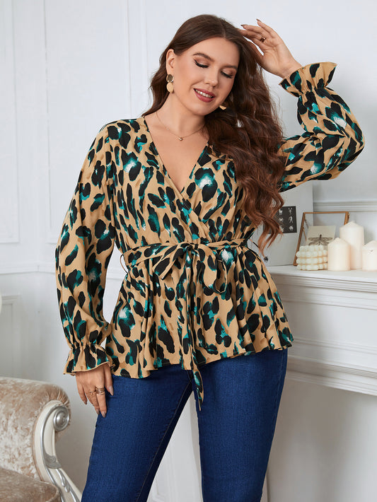 3XL 4XL Plus Size Women Elegant Blouse Sexy V-Neck Leopard Print Tunic Shirt Belted Office Fashion Top Big Size Blouse