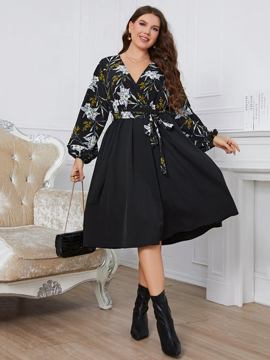 Plus Size Dresses For Women 2023 Casual V Neck Long Sleeves Elegant Party Vintage Large Size Female Midi Dress 3XL 4XL