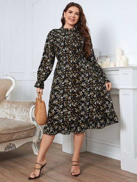 Elegant Fashion Midi Women Casual Dress Round Neck Collar Lady Puff Sleeve Floral Plus Size Clothing