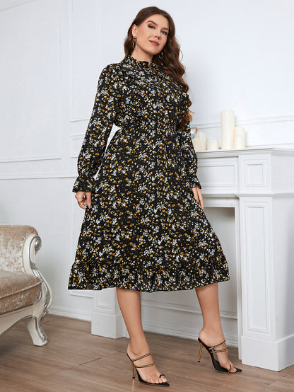 Elegant Fashion Midi Women Casual Dress Round Neck Collar Lady Puff Sleeve Floral Plus Size Clothing
