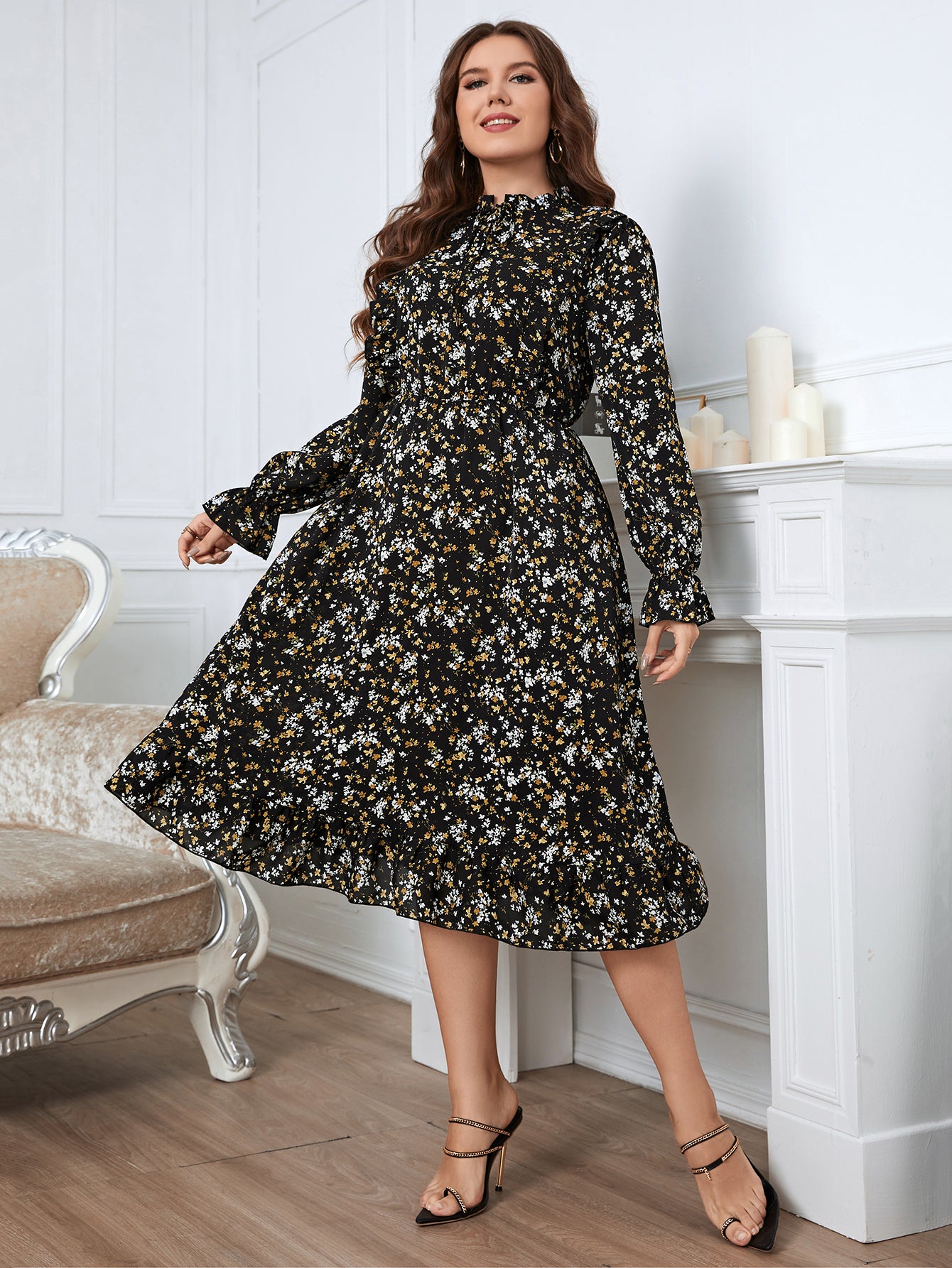 Elegant Fashion Midi Women Casual Dress Round Neck Collar Lady Puff Sleeve Floral Plus Size Clothing