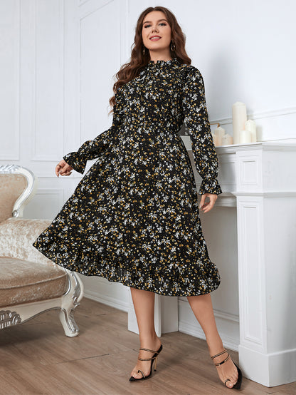 Elegant Fashion Midi Women Casual Dress Round Neck Collar Lady Puff Sleeve Floral Plus Size Clothing