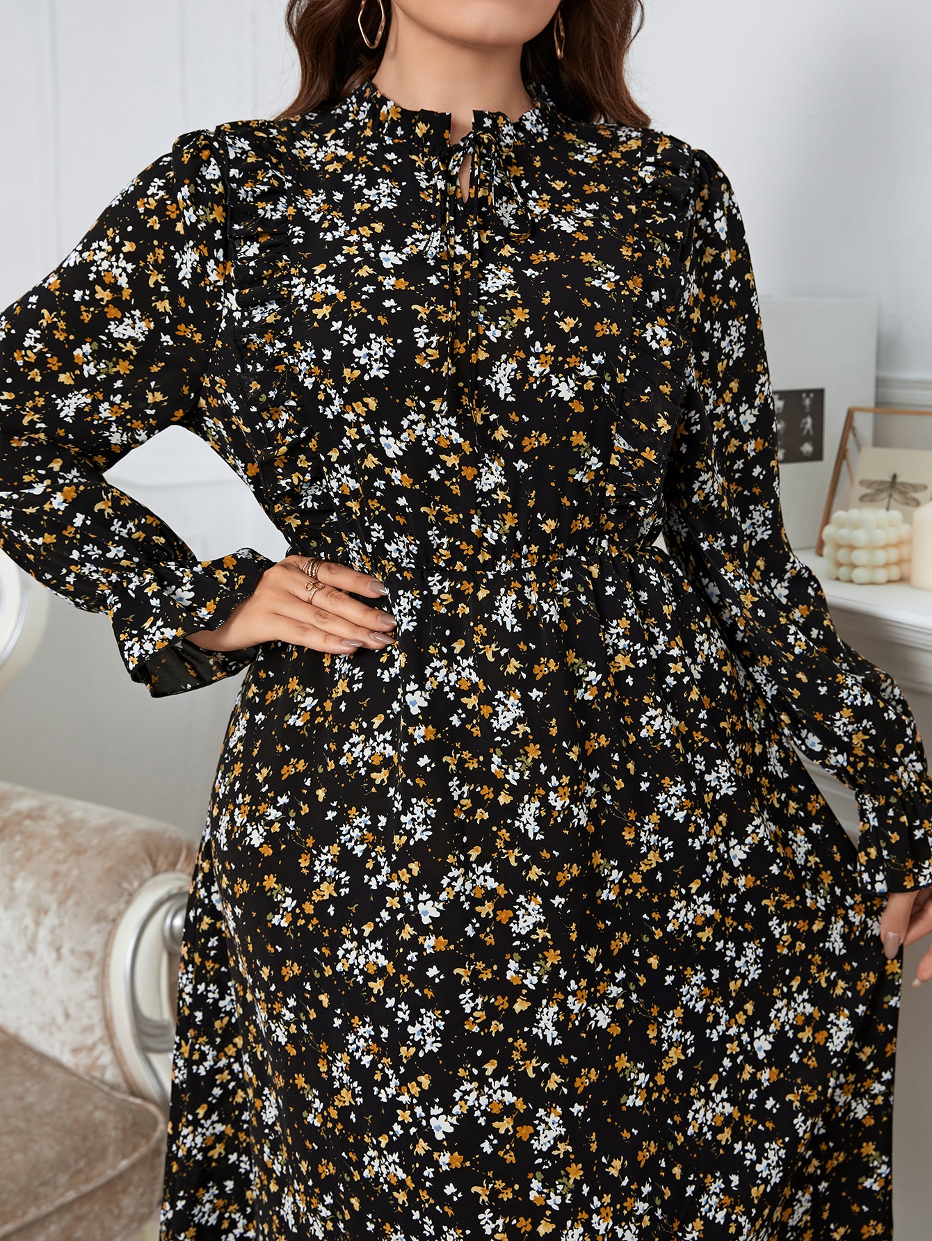 Elegant Fashion Midi Women Casual Dress Round Neck Collar Lady Puff Sleeve Floral Plus Size Clothing