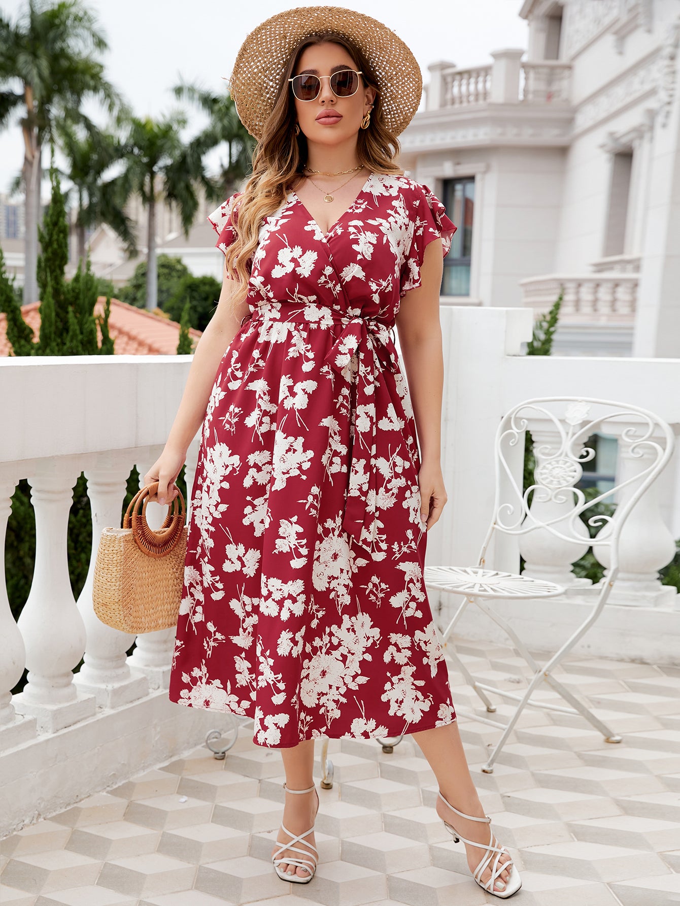 Fashion Plus Size Women Clothing Summer Casual Sexy V-neck Floral Print Midi Dress Elegant Vacation Big Size Long Party Dresses
