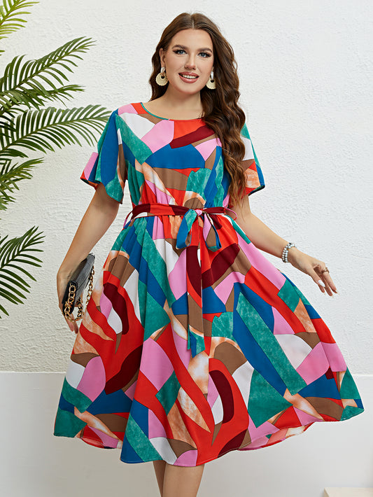 Plus Size Dresses for Women 2023 Summer Short Sleeve O-Neck Fashion Vintage A-line Print Big Size Party Casual Dress 3XL 4XL