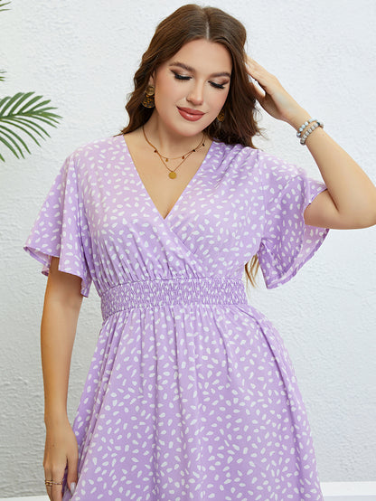 Fashion Butterfly Sleeve Print Long Dress Plus Size Women Summer Vacation Elastic Waist Casual Party Sweet Midi A-Line Dresses