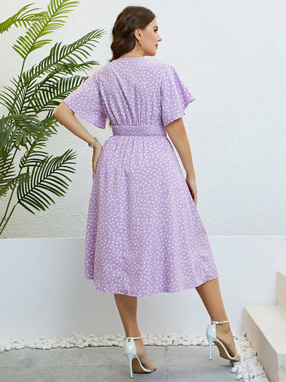 Fashion Butterfly Sleeve Print Long Dress Plus Size Women Summer Vacation Elastic Waist Casual Party Sweet Midi A-Line Dresses
