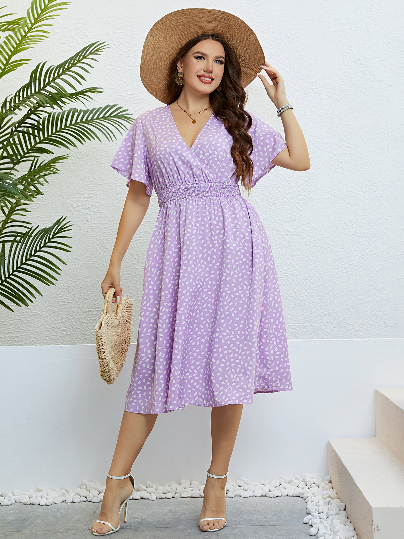 Fashion Butterfly Sleeve Print Long Dress Plus Size Women Summer Vacation Elastic Waist Casual Party Sweet Midi A-Line Dresses