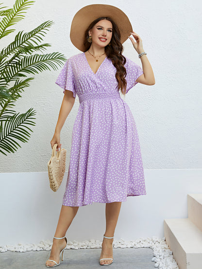 Fashion Butterfly Sleeve Print Long Dress Plus Size Women Summer Vacation Elastic Waist Casual Party Sweet Midi A-Line Dresses